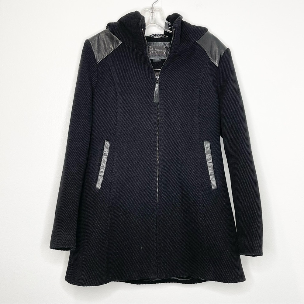 Mackage Black Hooded Wool-Blend Coat with Leather Trim